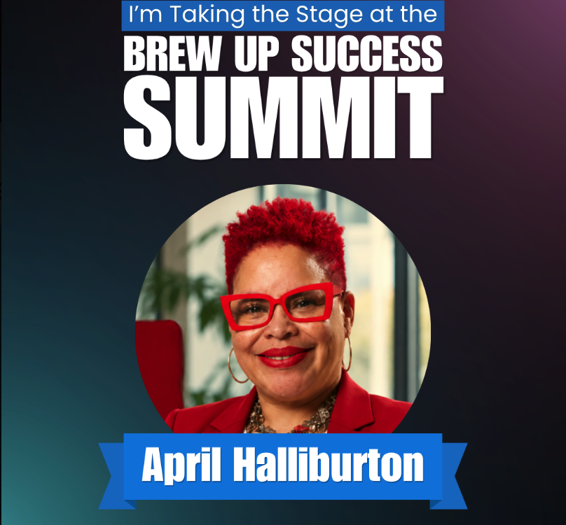 Speaker announcement graphic: April Halliburton taking the stage at the Brew Up Success Summit